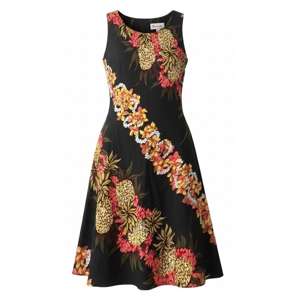 Hilo Hattie Small‎ Hawaiian Original Black Pineapple Floral Rayon Dress Hawaii
